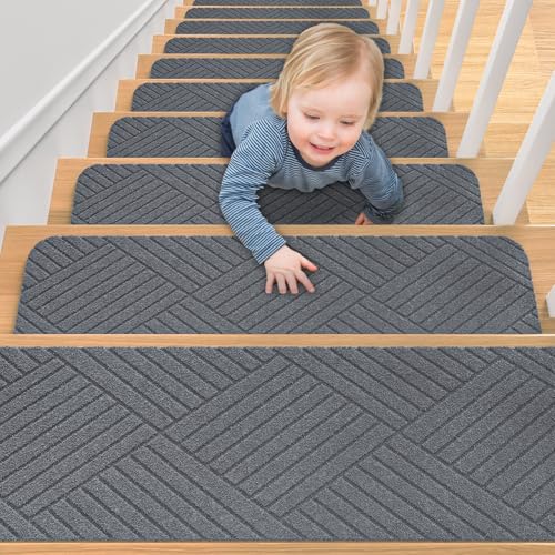 Aenithsy Stair Treads Non Slip Indoor, 15 Pack 76x20cm Stair Runners for Wooden Steps with Reusable Adhesive, Washable Stair Carpet Mats for Elders, Kids and Pets, Grey
