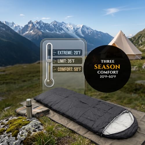 Bolsa de dormir ajustable para adultos, 3 estaciones, rectangular, con capucha y aperturas para brazos, portátil para camping, senderismo y viajes al aire libre, negro miniatura 3