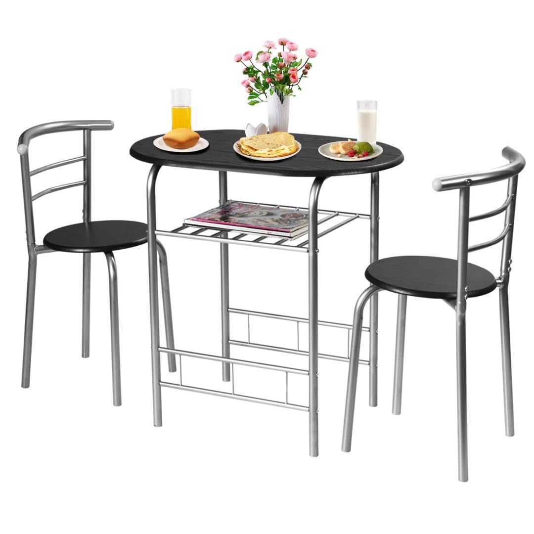 Dining Table and Chairs Set 2, 3-Piece Compact Dining Room Set with Storage Shelf, Metal Frame, Breakfast Bar Table for Kitchen, Living Room and Lounge Office (Black + Silver)
