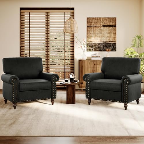 Image of Nailhead Trim Accent Chairs Set of 2,Faux Leahter Mid Century Modern Living Room Arm Chairs,Comfy Bedroom Reading Chair for Adults,Cozy Single Sofa Corner Side Room Chair,Black