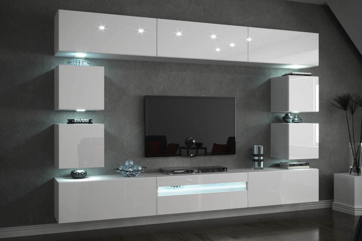 FURNITECH Wohnwand Wohnzimmer - LED Blau, Moderner Schrank mit Regalen und TV-Schrank