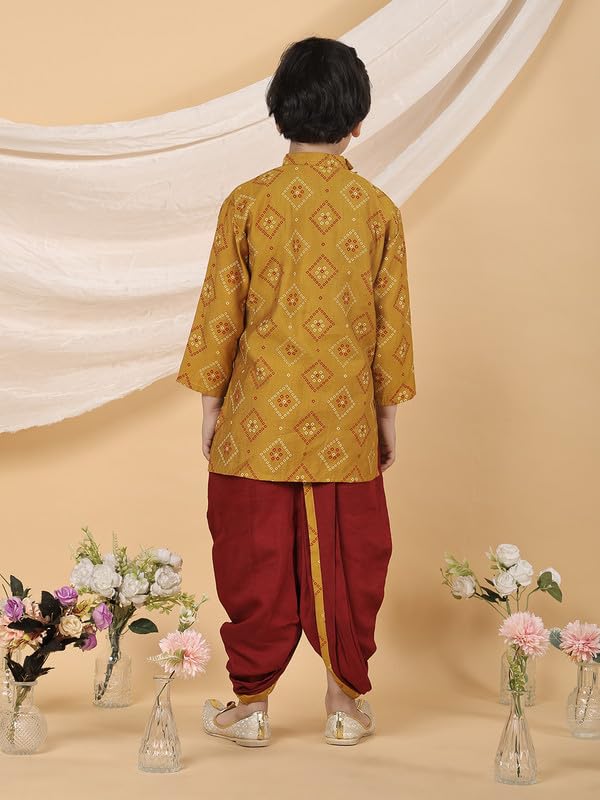 Image of superminis Boy's Golden Foil Printed Side Open Cotton Kurta, Round Collar, Full Sleeves Ethnic Wear Dhoti Kurta Set