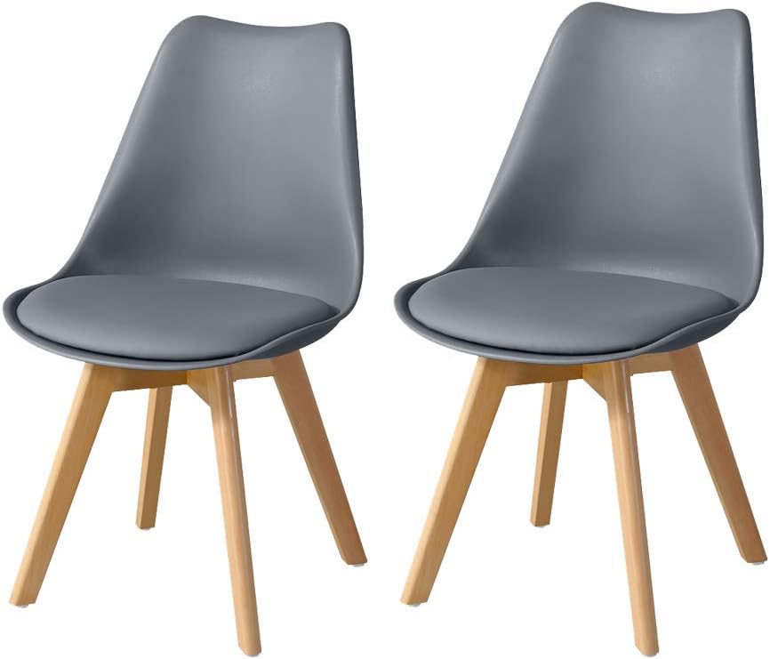 TUKAILAi Grey Dining Chairs Set of 2 with Faux Leather Cushioned Upholstered Seat Kitchen Chairs with Solid Wood Legs Retro Lounge Chairs For Home Office Dining Room Restaurant Furniture