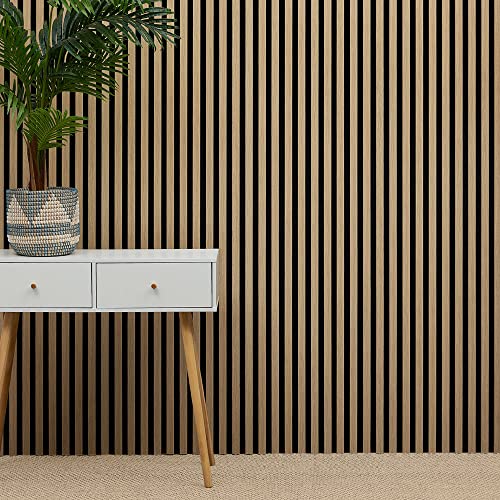 Generic WBM Acoustic Slat Wall Panel - Decorative & Sound Absorbing Wooden Slatted 3D Feature Pannelling Home Living Room Bedroom Interior Easy Installation Proofing 2400mm x 600mm Oak Natural