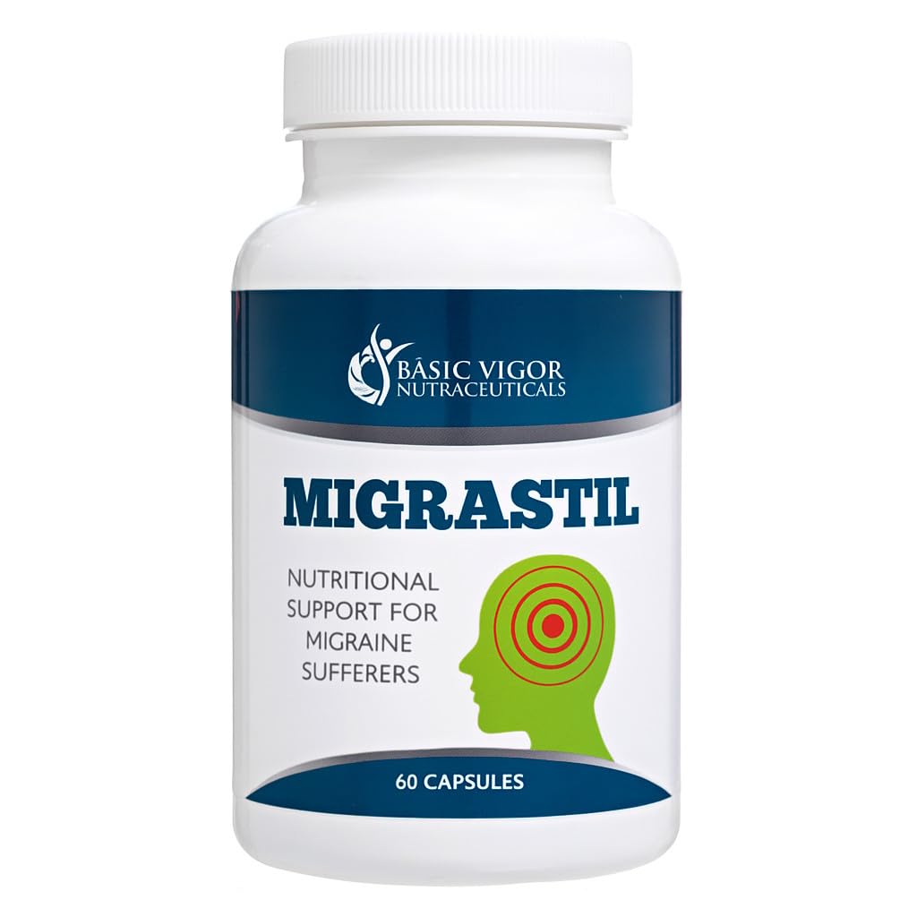 Basic Vigor Natural Migraine Supplement- with Feverfew, Magnesium, Taurine & Vitamin B1-60 Vegetarian Capsules from Migrastil.