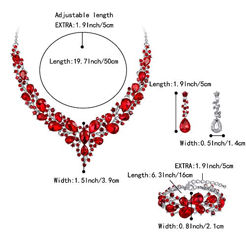Brilove Wedding Bridal Jewelery For Women Austrian Crystal Teardrop Cluster Statement Necklace Dangle Earrings Link Bracelet Set Ruby Color Silver-Tone #TOP3