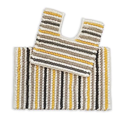 Allure Bath Fashions Merlin Chunky Bobble Bath Mat, Handwoven, Cotton Blend, Pom-Pom Design, 50cm x 80cm – Fully Guaranteed (Mustard, Two Piece Set)