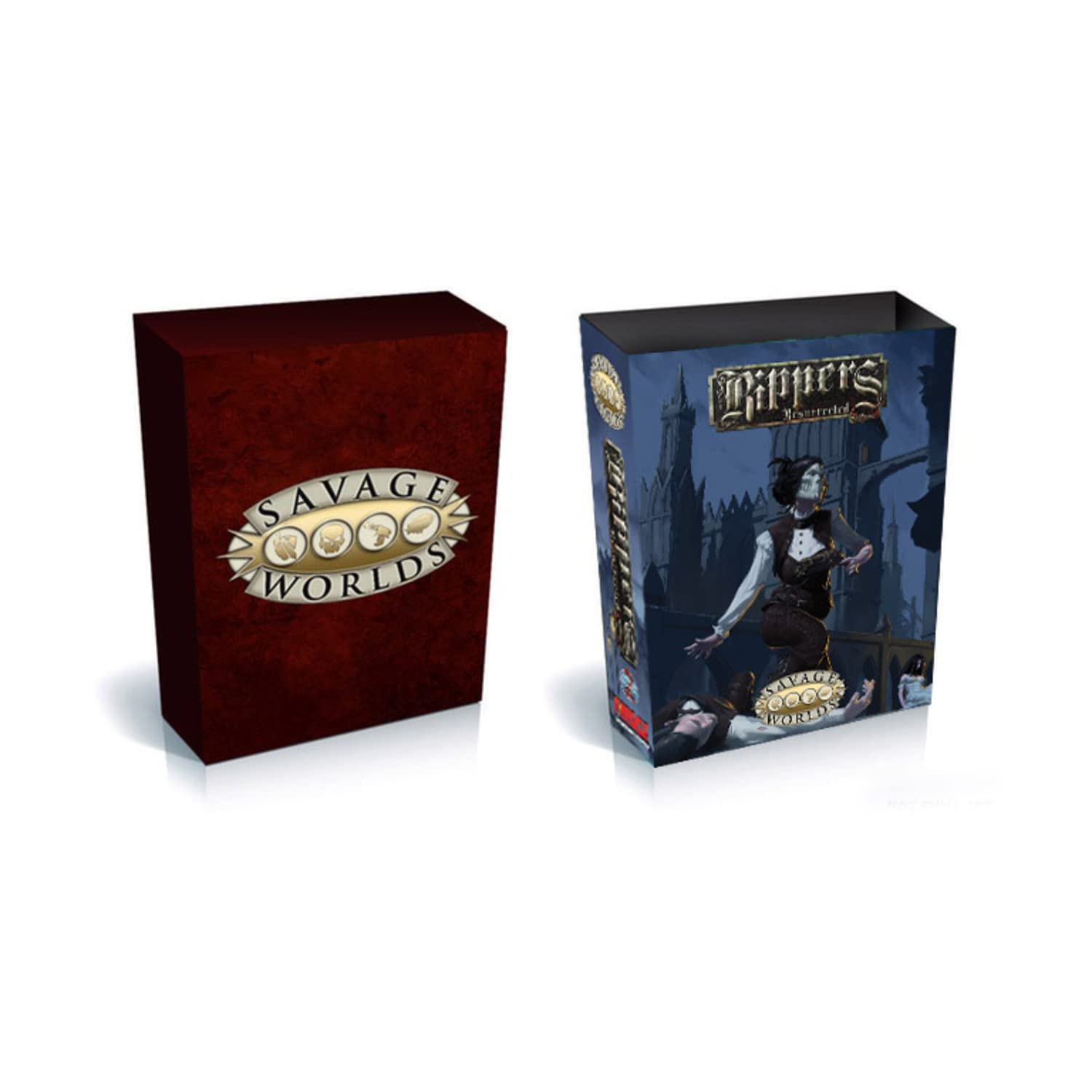 Savage Worlds Rippers Resurrected Collector's Box, showing a red box with 'Savage Worlds' logo and an open box revealing 'Rippers Resurrected' artwork.