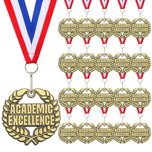 Kenning 20 Pcs 2'' Academic Excellence Award Medals Bulk Gold Winner Trophy Award with Neck Ribbons Metal Prize Gift for Kids Students Adults School Graduation Participation Competitions
