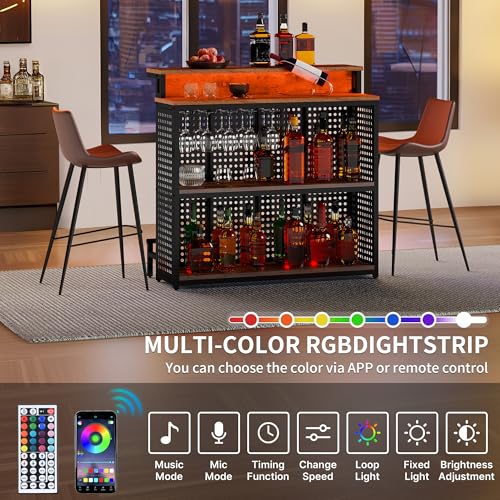 DWVO LED Mini Home Bar Unit with Music Sensing Light, Liquor Wine Cabinet with Storage, Bar Table Top Alcohol Storage Shelf Glasses Rack Footrest for Kitchen Pub Living Room, Rustic Brown