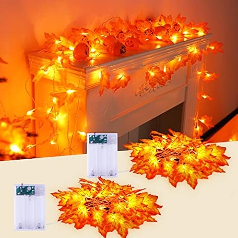 JMEXSUSS 2 Pack Fall Garland with Lights, Total 22 FT 40 LED Fall String Lights Battery Operated, Waterproof Maple Leaf Lights for Indoor Outdoor Harvest Autumn Halloween Thanksgiving Home Decor Cover