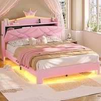 MSmask Full Bed Frame with LED Lights, Princess Upholstered Bed with Headboard with Charging Station & Crystal Button & Crown, Velvet Platform Bed for Girls, Solid Wood Slats, Curved Legs, Pink