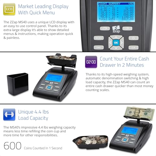 ZZap MS40 Bill & Coin Counting Scale - Money Cash Currency Weighing Machine
