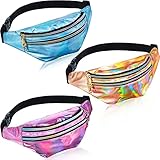 3 Pieces Holographic Fanny Pack for Women Men Kids, Metallic Color Sport Waistbag with Pouches and Adjustable Belt, Hologram PU Waist Pack for Traveling, Running, Partying (Purple, Blue, Rose Gold)
