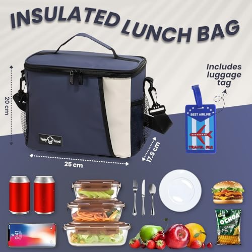 Image of OCEANEVO Insulated Lunch Bag with Luggage Tag, Tiffin Bag for Office with Handle and Shoulder Strap for Men and Women - 25 x 17.5 x 20 Cm - Navy Blue