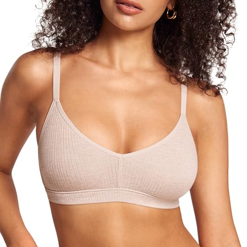 SOULVOR Women's Natrelax No Underwire Comfort Bralette Ribbed Wireless Bra Sleep Unlined V Neck Bras Soft Everyday Light Khaki Heather Small
