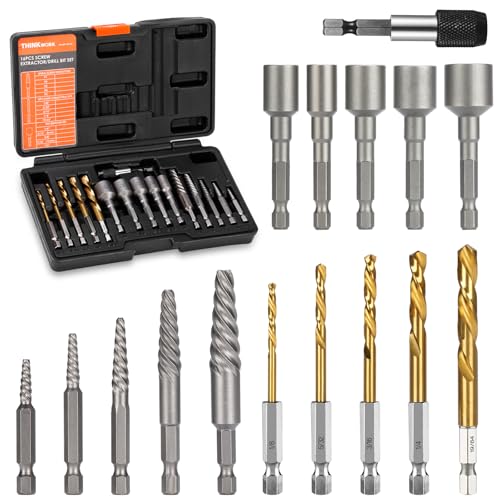 THINKWORK 16pcs Screw Extractor, Spiral Bolt Extractor Kit, Easy Out Left Hand Drill Bit Set, HSS Steel Cobalt Reverse Drill Bits for Stripped, Broken, Rusted, Rounded Screws, Bolts, Nuts, Fasteners