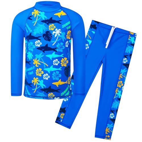 Image of TFJH E Boys Long Sleeve Rash Guard 2 Piece Swim Set UPF 50+ Age 3-14 | Soft Breathable, UV 50+, quick dry. Bright colorful prints kids love. Perfect for pool, beach, summer. active play.