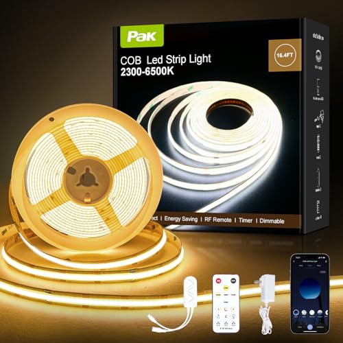 COB LED Strip Lights 16.4ft, Dimmable White CCT Tunable 2300K-6500K, DC 24V High Lumen Cuttable LED...