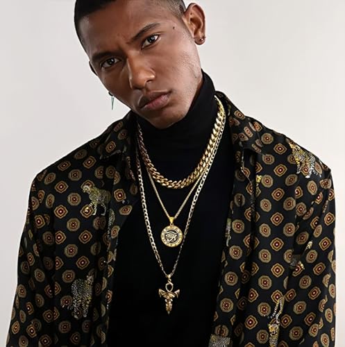 3Pack Set Eye of Horus Pendant Chain Necklace for Men Women,Stainless Steel Ancient Egyptian Men Necklaces,Titanium Steel Black Gold Silver Egyptian Eye of Ra Horus Pendant Charm Protection Amulet Necklace Jewelry for Men Women3