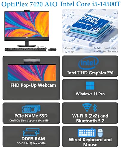 Image of Dell OptiPlex 7420 7000 24 Business All-in-One Desktop Computer, 32GB DDR5 RAM, 1TB PCIe SSD, 14th Gen Intel 14-Core i5-14500T (Beat i7-13700T), 23.8 inch FHD, WiFi 6, USB-C, DisplayPort, Windows 11 Pro