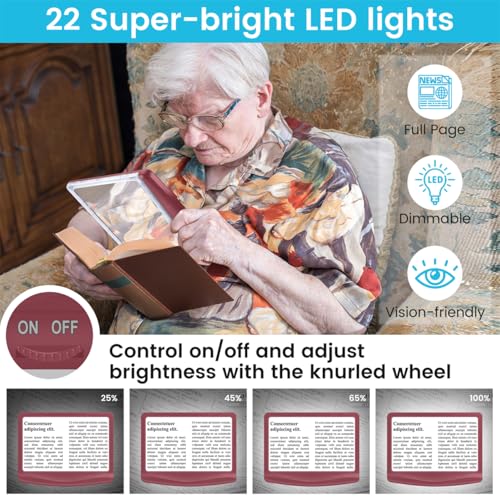 Image of Rechargeable 5X Magnifying Glass for Reading, Large Bright Full Page Magnifier with Light, Handheld LED Dimmable Lighted, Lightweight Book Magnifier for Reading Small Prints Seniors - Red
