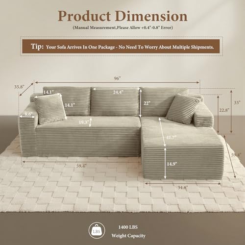 Image of 96 inch Sectional Couches for Living Room Cloud Couch Sofa with L-Shape Upholstered Boneless Couchs Modern Modular Sectional Couch with Chaise (Camel, 95 inch W+Right Facing Chaise+2Seaters)