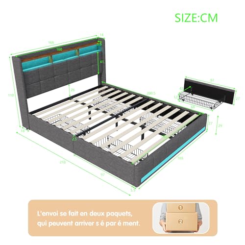 KeepGoon Polsterbettrahmen mit USB Ladestation und LED-beleuchtetem Kopfteil, 200×160cm Doppelbett Stauraumbetten Funktionsbett Bettgestell, Bettrahmen mit 4 Schubladen Grau – Bild 3