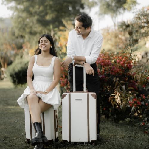 Image of Assembly Vintage 24 Inch (65cm) Check-in Medium Trolley Bag Hard Shell Polycarbonate Suitcase Retro Classic Design with TSA Lock 8 Spinner Wheels Moon White