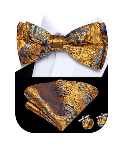 Image of Hi-Tie Bow Ties for Men Pre-Tied Pocket Square with Cufflinks Mens Bowtie Sets for Wedding Formal Party