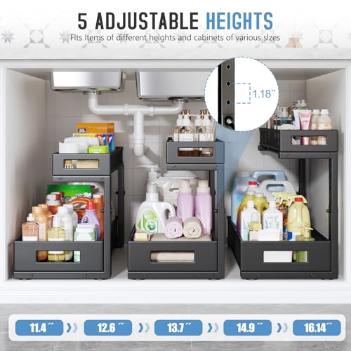Image of 2 Pack 19IN Depth Under Sink Storage Organizer, Large 2-Tier Elegant Mesh Pull Out Shelf for Kitchen and Bathroom Cabinet Organization, L-Shaped and Adjustable Height Design-Black