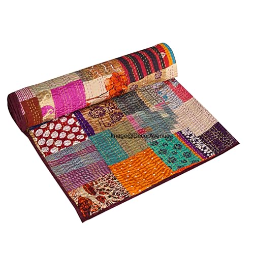 DecorAvenue Patchwork Kantha Quilt,Throw, Handmade Silk Bed Cover,Bedding Bedspread,Vintage Hand Stitch Gudri, Decorative Beach Blanket (Multi, Twin 60