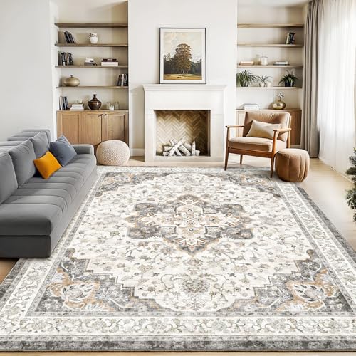 Marsail 8x10 Machine Washable Area Rug,Soft & Slip-Resistant Large Area Rug with Reinforced Bound Edges,Short-Pile Washable Rug with Floral Pattern for Living Room,Dinning Room and Bedroom,Brown