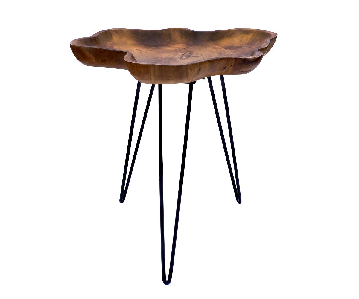 Brillibrum Design Coffee Table Teak Tray Table Metal Unique Teak Wood Table Top with Rim Solid Teak Folding Table Living Room Table Teak Side Table Foldable 55 cm Height