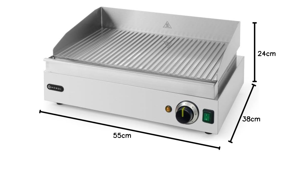 HENDI Plancha de asar eléctrica acanalada, grill parrilla con bandeja de goteo extraíble, temperatura regulable hasta 300°C, 230V, 2400W, 550x380x(H)240mm, acero inoxidable
