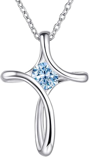 Collar de cruz para mujer, collar de plata de ley 925 con piedra natal para mujer con diamantes de cruz lateral, joyería de piedra natal, regalos de