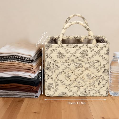 Image of Quilted Fabric Basket Foldable Car Storage Boho Floral Laundry Basket Hamper for Nursery Bedroom & Living Room | Organize Clothes Toys