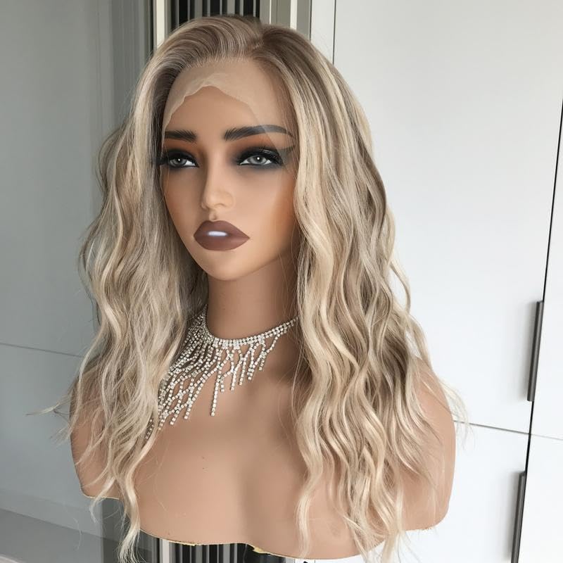 AlSOM Mila Warm Blonde Scandinavian Hairline Water WaveFree Part Lace Front Wig 16 Inch Low Density Synthetic LaceWig for Women Daily Use