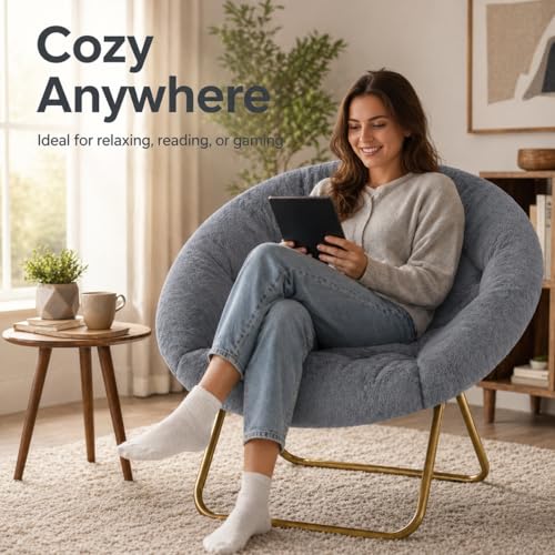 Image of Simple Deluxe Cozy Chair, Faux Fur Saucer Chair for Bedroom, Comfy Foldable Moon Chair, Round Fluffy Chair for Living Room, Fuzzy Saucer Chairs for Adults Room, Gray