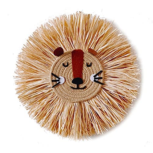 Image of FULCLOUD 15.7 inch Wall Art Animal Head Hand Knitted Hanging,Cotton Thread Weaving Straw Cartoon Tassel Beard Lion Tiger Macrame Pendant Nursery Room Wall Decor for Home Decoration