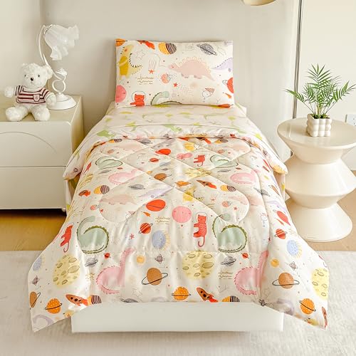 Image of Tailor Shop 4 Pieces Toddler Bedding Dinosaur Toddler Dinosaur Comforter for Boys Bed in A Bag Includes Quilted Comforter Fitted Sheet Top Sheet and Pillow Case
