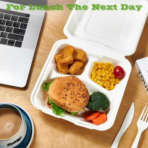 Vplus 100% Compostable Clamshell Take Out Food Containers, 90 Pack 8”X8”Eco-Friendly Disposable Food Containers 3 Compartment, Heavy-Duty Bagasse To-Go Containers For Next Day Lunch, Potluck Party #TOP4