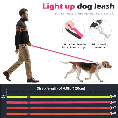 LED Hundeleine, Bpawser Light Up Hundeleine Micro USB wiederaufladbar, Nylon Gurtband leuchtende Sicherheit Standard Hundeleinen für Hunde 120 cm 4 Fuß (Rosa)