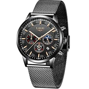LIGE Herenhorloge, roestvrij staal, waterdicht, analoog, kwartshorloge, militair sporthorloge, zwart mesh polshorloges