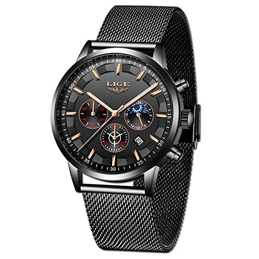 LIGE Hombres Relojes Moda Ocio Negocios Analógico Cuarzo Relojes Hombre Impermeable Acero Inoxidable Negro Cinturón de Malla Cronógrafo Relojes