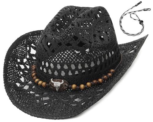 EOZY Straw Cowgirl Hat for Women Men Western Cowboy Hat Woven Hollow Out Wide Brim Sun Hat with Chin Strap/Black