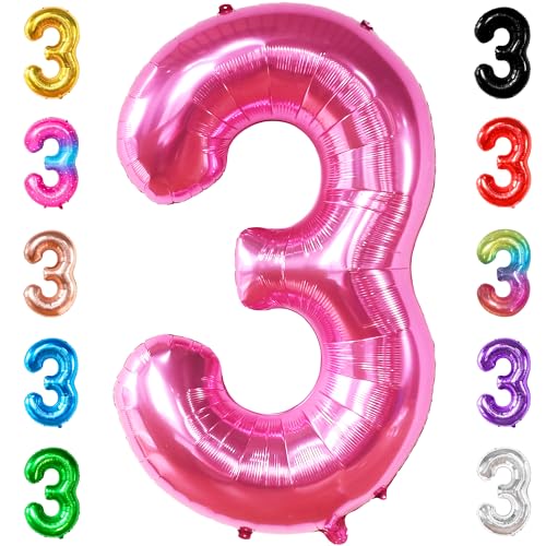 Image of KatchOn, Hot Pink Number 3 Balloon 40 Inch | Number 3 Foil Balloon, 3rd Pink Birthday Decorations for Girls, 3rd Anniversary Decorations, Pink Party Decorations