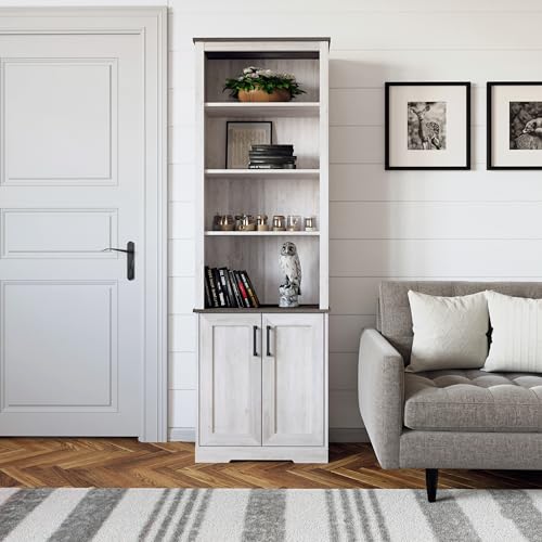 Image of Prepac Rustic Ridge Bookcase with Doors, Washed White Storage Cabinet with Doors and Shelves, Accent Cabinet 26 inch W x 79.75 inch H x 12.5 inch D, ASBR-1630-1