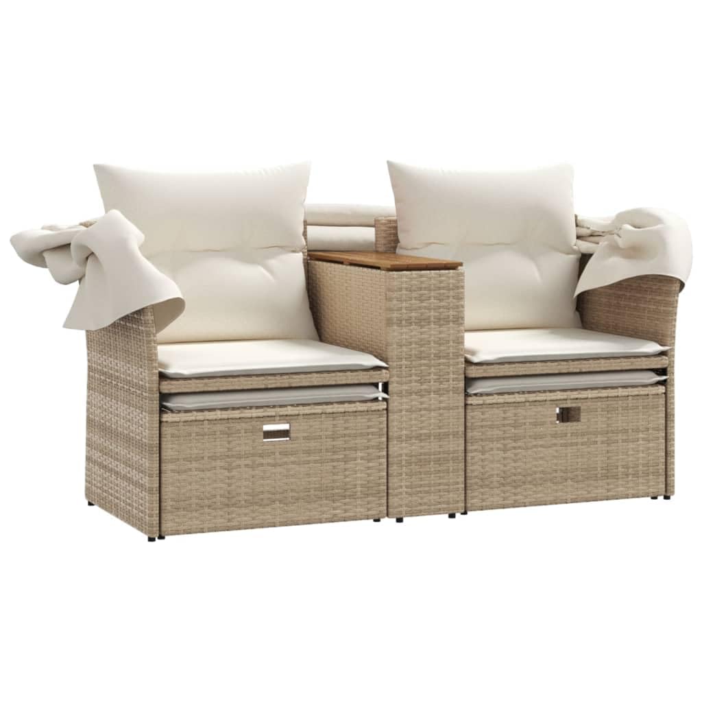 vidaXL Gartensofa 2-Sitzer, Outdoor Sofa mit Sonnendach, Terrassensofa mit Hockern, Gartenmöbel Sofagarnitur Gartengarnitur, Beige Poly Rattan