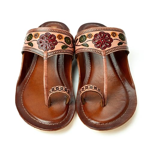Image of Women Ladies Kolhapuri Genuine Leather Chappal Flats - Slip on Traditional Handcrafted Ethnic and Casual Toe Ring Sandals